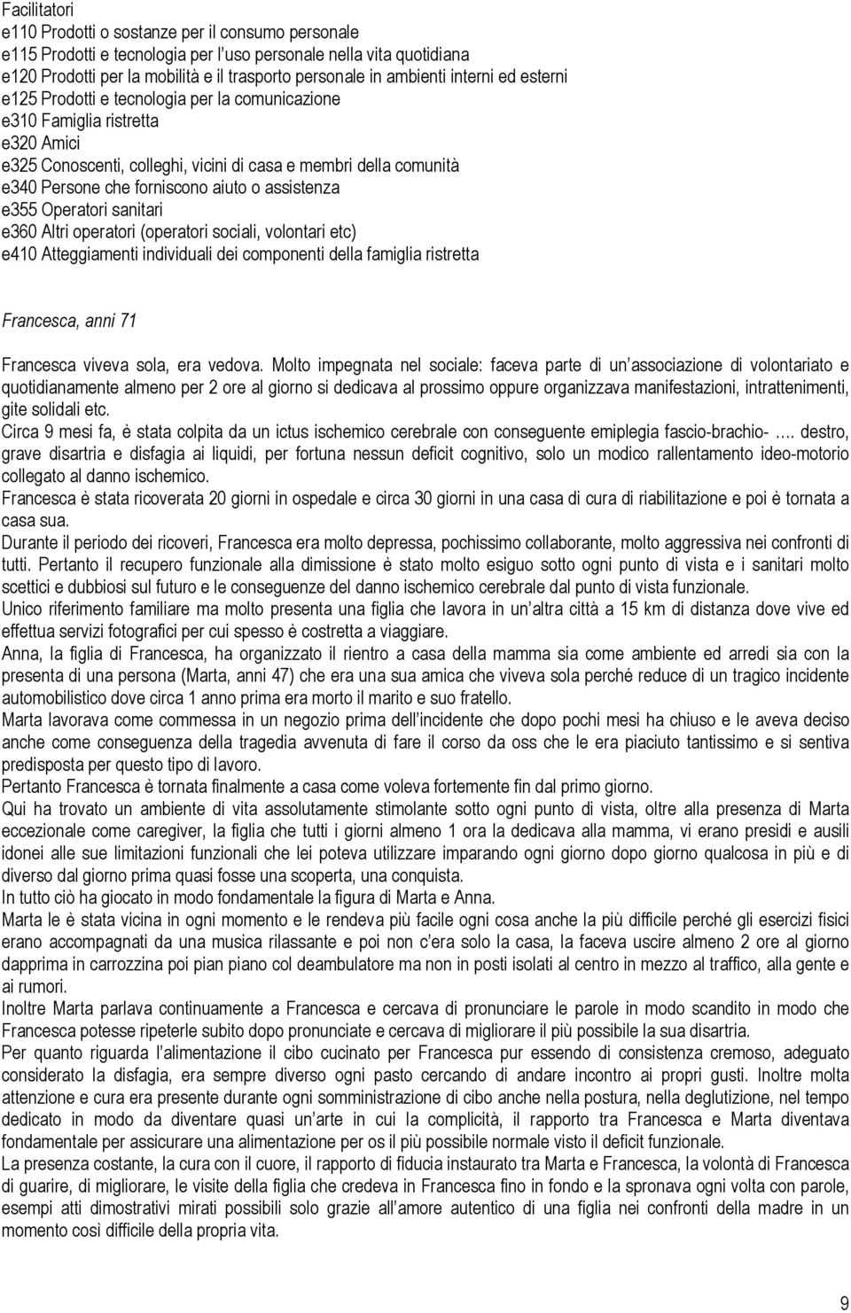 aiuto o assistenza e355 Operatori sanitari e360 Altri operatori (operatori sociali, volontari etc) e410 Atteggiamenti individuali dei componenti della famiglia ristretta Francesca, anni 71 Francesca