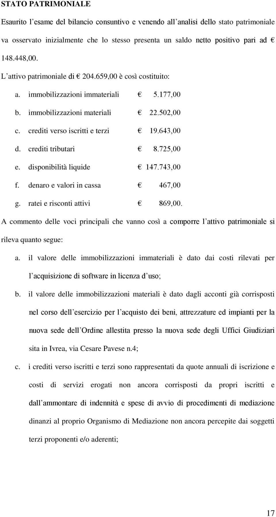 crediti tributari 8.725,00 e. disponibilità liquide 147.743,00 f. denaro e valori in cassa 467,00 g. ratei e risconti attivi 869,00.