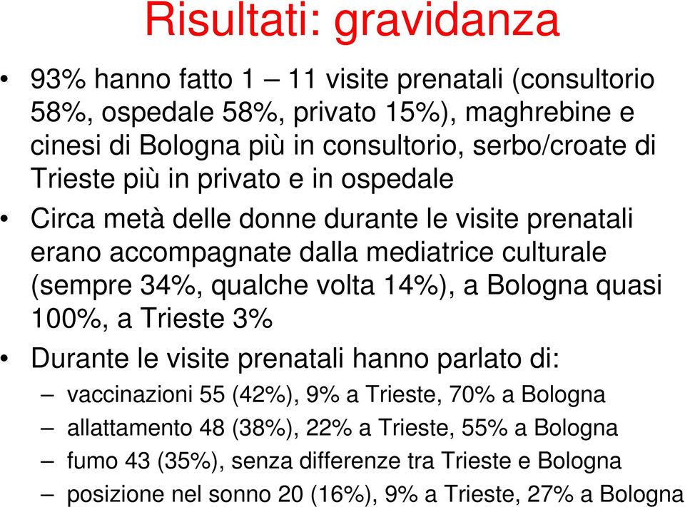 34%, qualche volta 14%), a Bologna quasi 100%, a Trieste 3% Durante le visite prenatali hanno parlato di: vaccinazioni 55 (42%), 9% a Trieste, 70% a Bologna