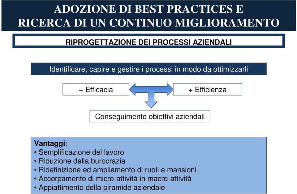 obiettivi aziendali Vantaggi: Semplificazione del lavoro Riduzione della burocrazia Ridefinizione ed