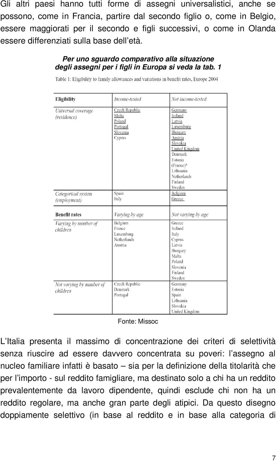 1 Fonte: Missoc L Italia presenta il massimo di concentrazione dei criteri di selettività senza riuscire ad essere davvero concentrata su poveri: l assegno al nucleo familiare infatti è basato sia
