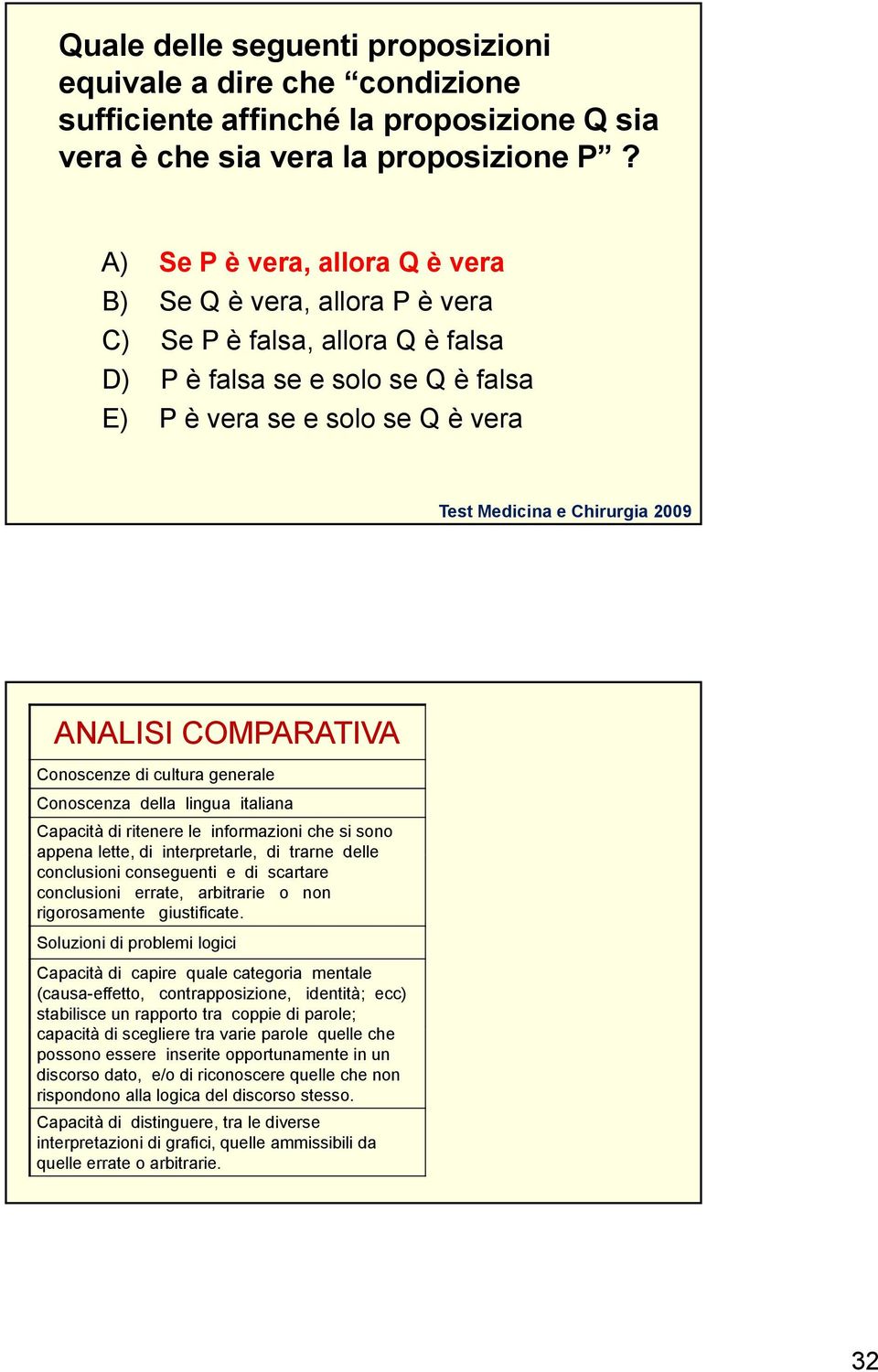 ANALISI COMPARATIVA Conoscenze di cultura generale Conoscenza della lingua italiana Capacità di ritenere le informazioni che si sono appena lette, di interpretarle, di trarne delle conclusioni