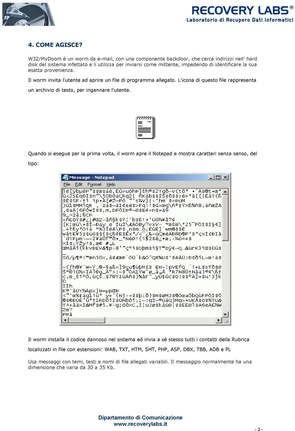 provenienza. Il worm invita l'utente ad aprire un file di programma allegato. L'icona di questo file rappresenta un archivio di testo, per ingannare l'utente.