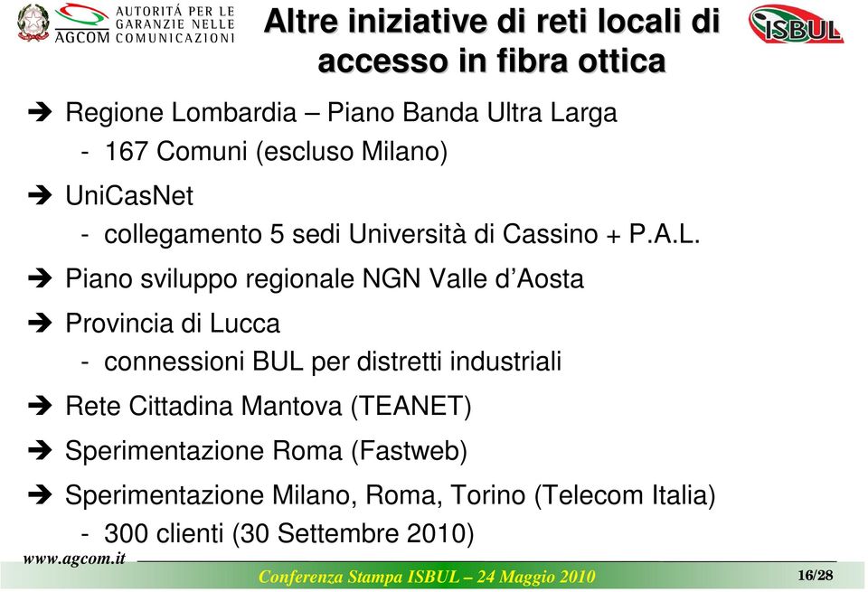 Piano sviluppo regionale NGN Valle d Aosta Provincia di Lucca - connessioni BUL per distretti industriali Rete