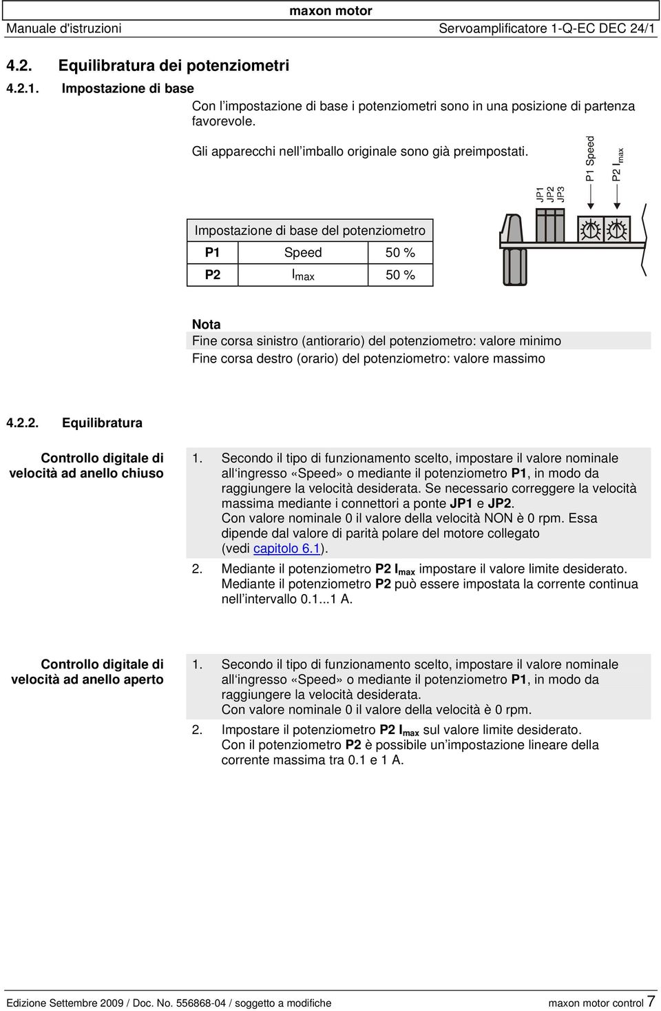 Impostazione di base del potenziometro P1 Speed 50 % P2 I max 50 % Fine corsa sinistro (antiorario) del potenziometro: valore minimo Fine corsa destro (orario) del potenziometro: valore massimo 4.2.2. Equilibratura Controllo digitale di velocità ad anello chiuso 1.