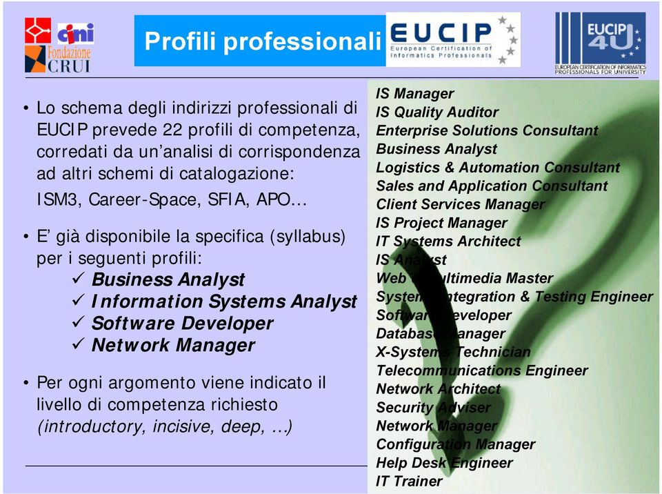 indicato il livello di competenza richiesto (introductory, incisive, deep, ) IS Manager IS Quality Auditor Enterprise Solutions Consultant Business Analyst Logistics & Automation Consultant Sales and