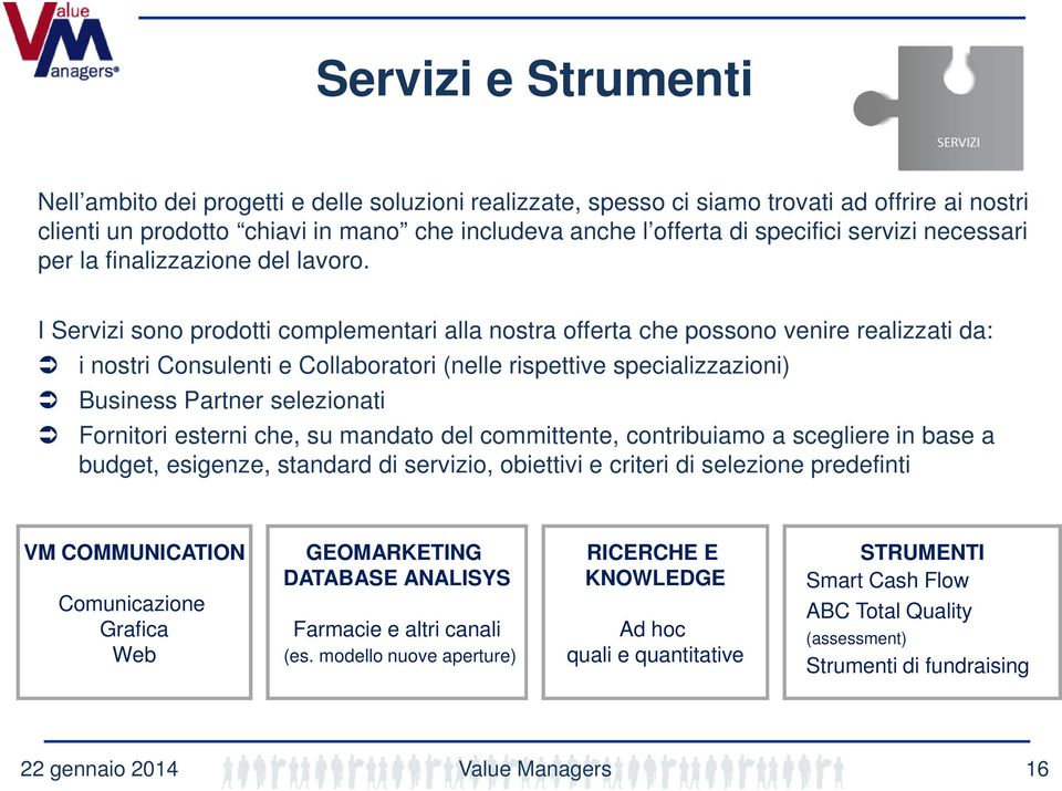 I Servizi sono prodotti complementari alla nostra offerta che possono venire realizzati da: i nostri Consulenti e Collaboratori (nelle rispettive specializzazioni) Business Partner selezionati