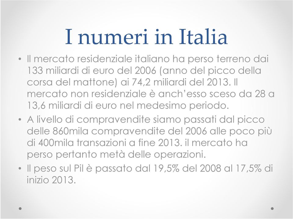 Il mercato non residenziale è anch esso sceso da 28 a 13,6 miliardi di euro nel medesimo periodo.