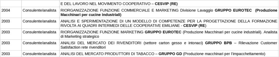 Consulente/ RIORGANIZZAZIONE FUNZIONE MARKETING GRUPPO EUROTEC (Produzione Macchinari per cucine industriali).