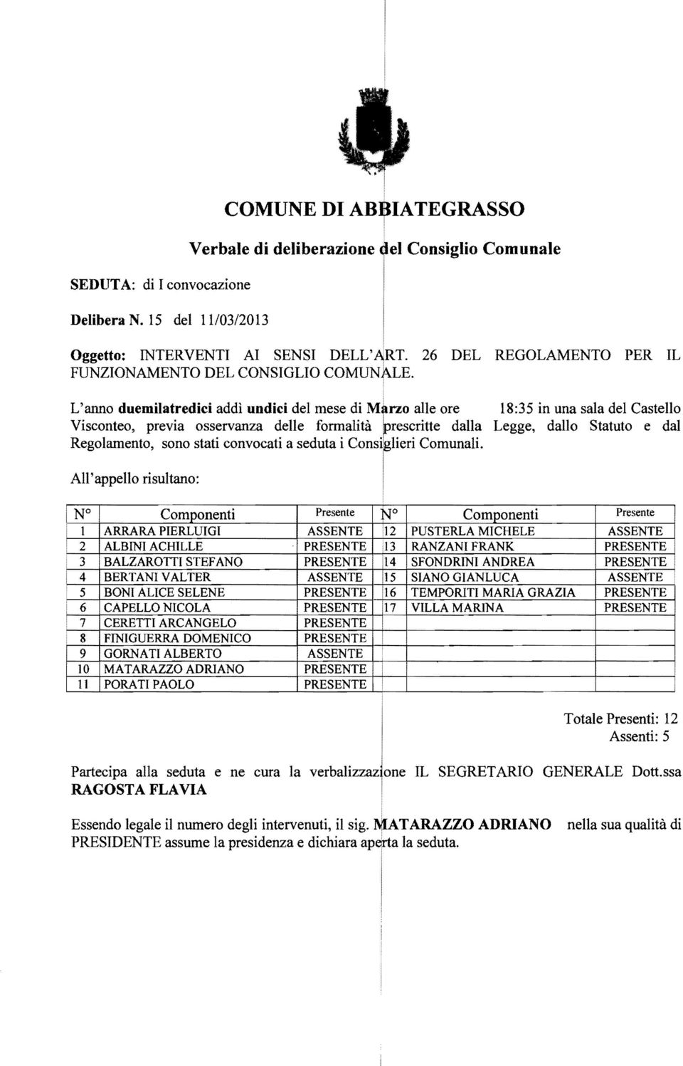 L'anno duemlatredc addì undc del mese d M rzo alle ore 18:35 n una sala del Castello Vsconteo, preva osservanza delle formaltà re scrtte dalla Legge, dallo Statuto e dal Regolamento, sono stat