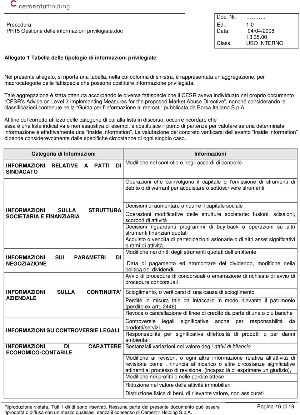 Tale aggregazione è stata ottenuta accorpando le diverse fattispecie che il CESR aveva individuato nel proprio documento CESR s Advice on Level 2 Implementing Measures for the proposed Market Abuse