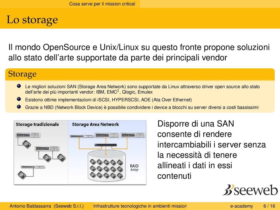 di iscsi, HYPERSCSI, AOE (Ata Over Ethernet) Grazie a NBD (Network Block Device) è possibile condividere i device a blocchi su server diversi a costi bassissimi Disporre di una SAN consente di