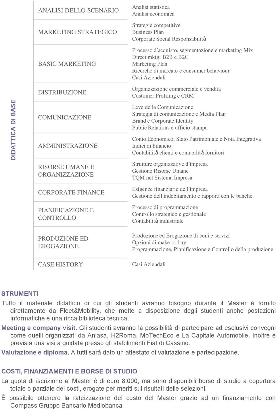 Profiling e CRM COMUNICAZIONE AMMINISTRAZIONE RISORSE UMANE E ORGANIZZAZIONE CORPORATE FINANCE PIANIFICAZIONE E CONTROLLO PRODUZIONE ED EROGAZIONE CASE HISTORY Leve della Comunicazione Strategia di