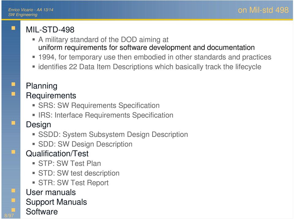 Planning Requirements SRS: SW Requirements Specification IRS: Interface Requirements Specification Design SSDD: System Subsystem Design