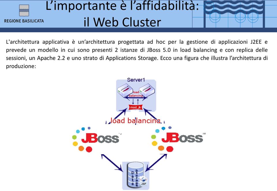 presenti 2 istanze di JBoss 5.0 in load balancing e con replica delle sessioni, un Apache 2.