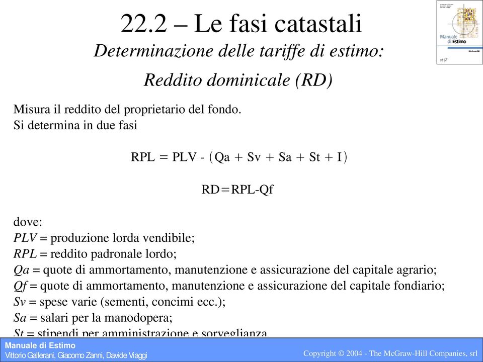 quote di ammortamento, manutenzione e assicurazione del capitale agrario; Qf = quote di ammortamento, manutenzione e assicurazione del