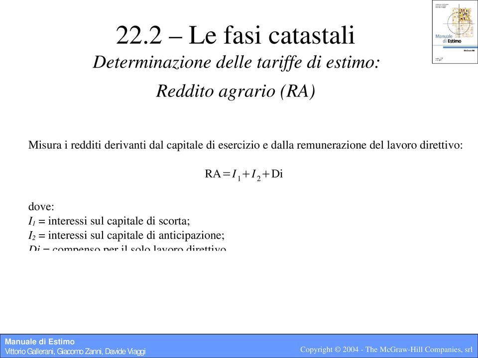 del lavoro direttivo: RA=I 1 I 2 Di dove: I 1 = interessi sul capitale di scorta;