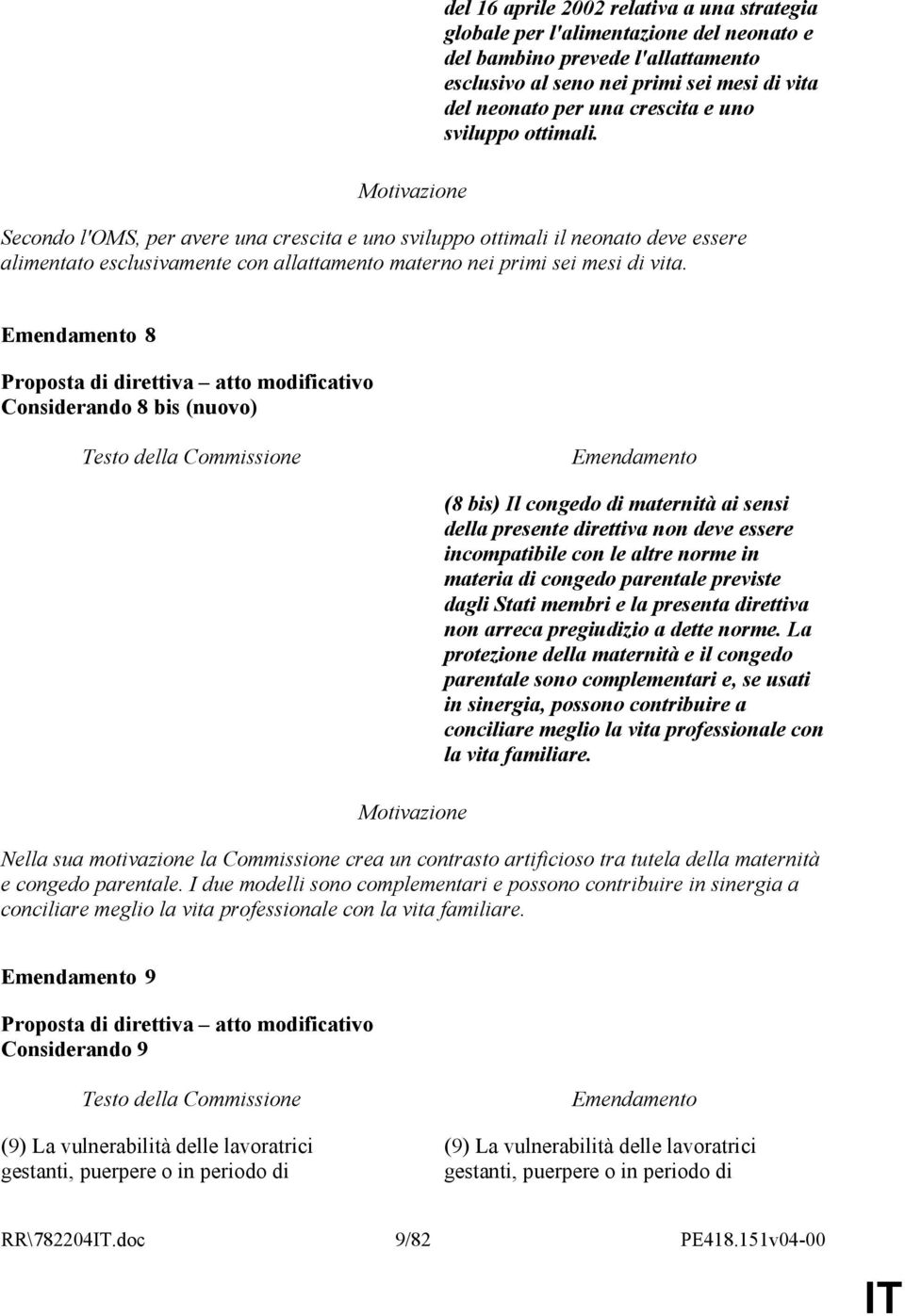 8 Considerando 8 bis (nuovo) (8 bis) Il congedo di maternità ai sensi della presente direttiva non deve essere incompatibile con le altre norme in materia di congedo parentale previste dagli Stati