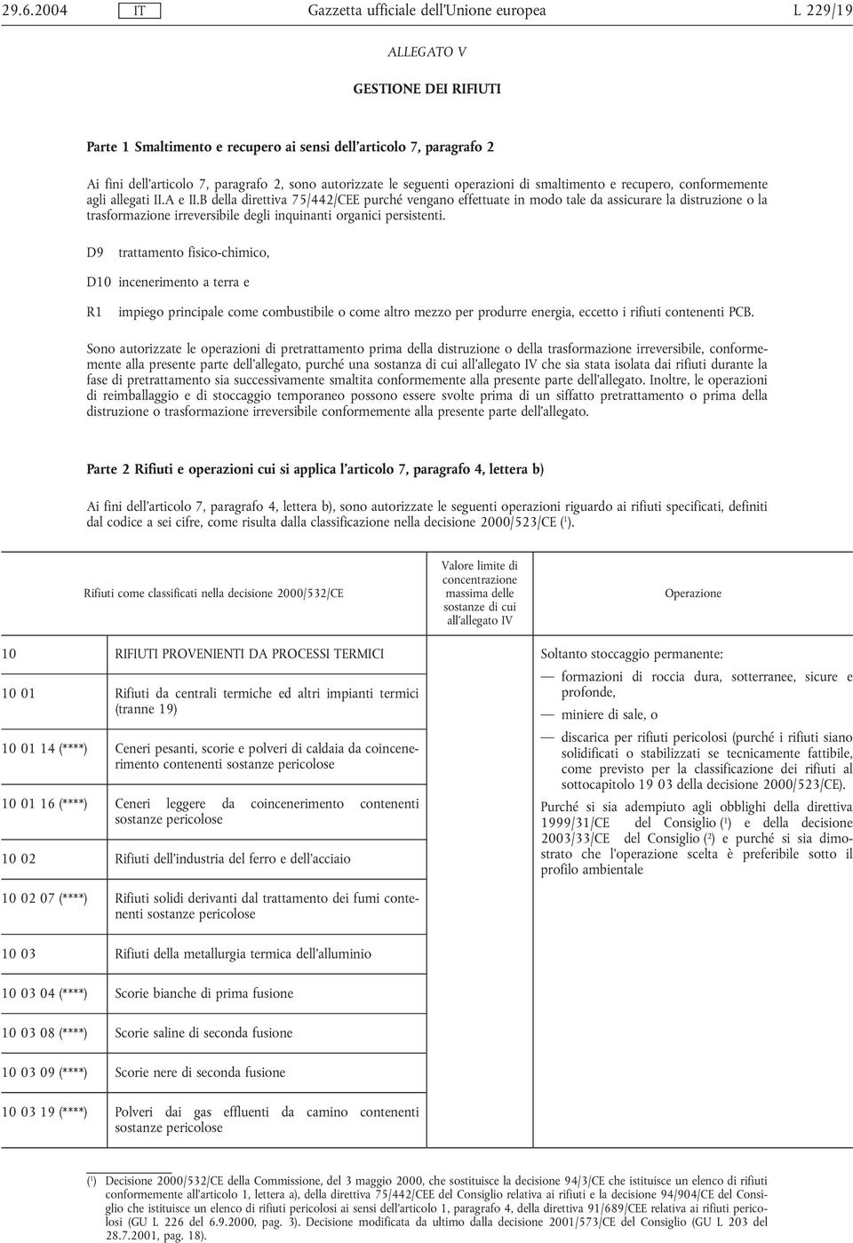 B della direttiva 75/442/CEE purché vengano effettuate in modo tale da assicurare la distruzione o la trasformazione irreversibile degli inquinanti organici persistenti.