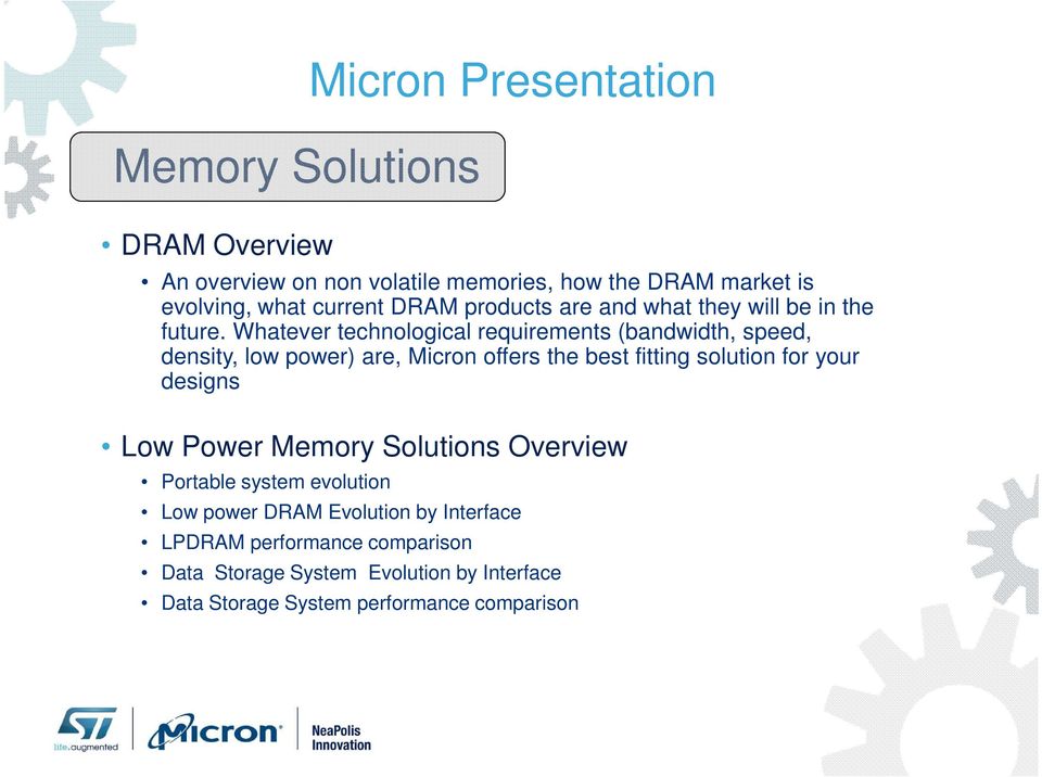 Whatever technological requirements (bandwidth, speed, density, low power) are, Micron offers the best fitting solution for your