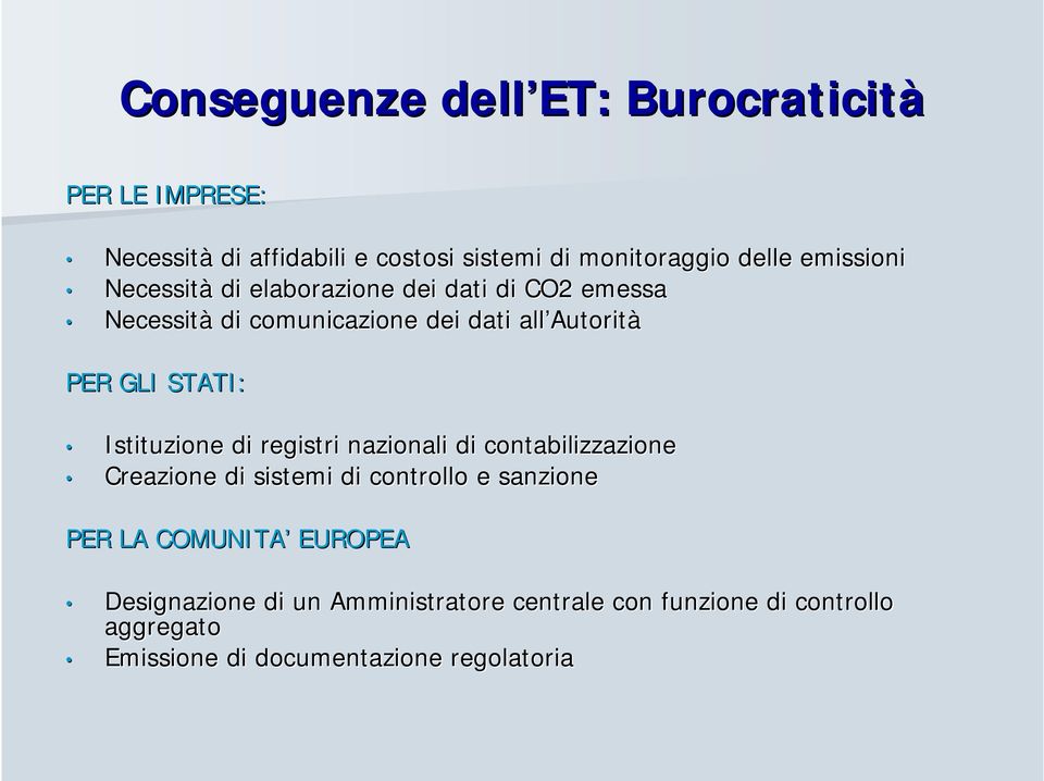 STATI: Istituzione di registri nazionali di contabilizzazione Creazione di sistemi di controllo e sanzione PER LA