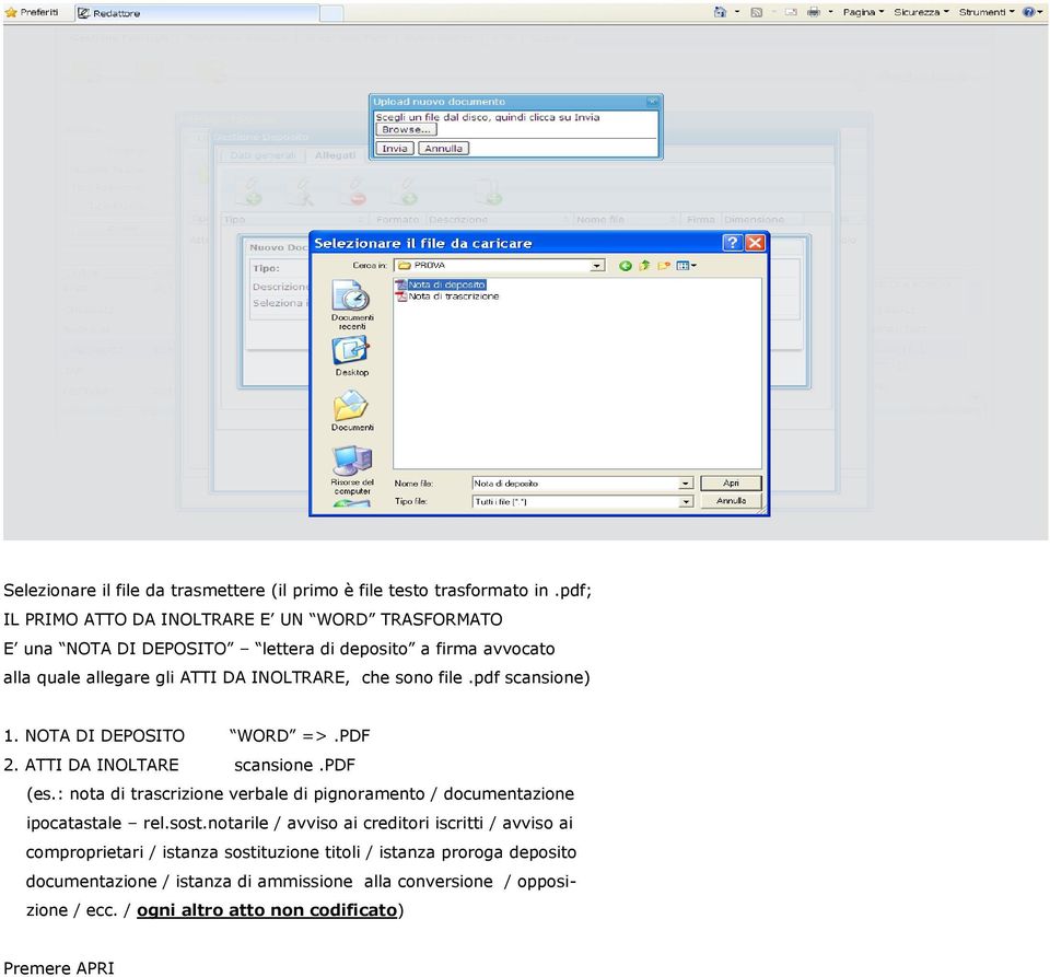 file.pdf scansione) 1. NOTA DI DEPOSITO WORD =>.PDF 2. ATTI DA INOLTARE scansione.pdf (es.