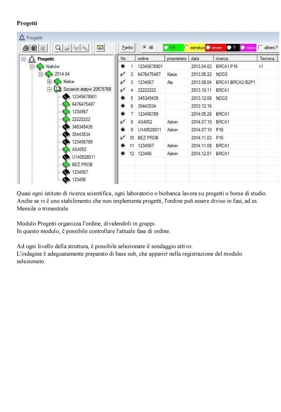 Modulo Progetti organizza l'ordine, dividendoli in gruppi. In questo modulo, č possibile controllare l'attuale fase di ordine.