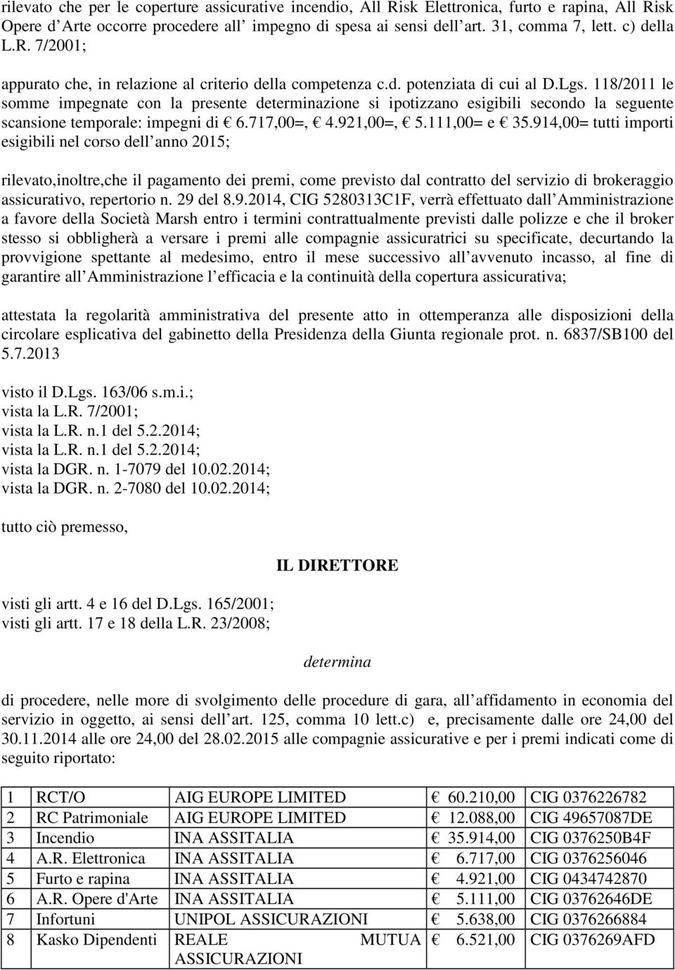 118/2011 le somme impegnate con la presente determinazione si ipotizzano esigibili secondo la seguente scansione temporale: impegni di 6.717,00=, 4.921,00=, 5.111,00= e 35.