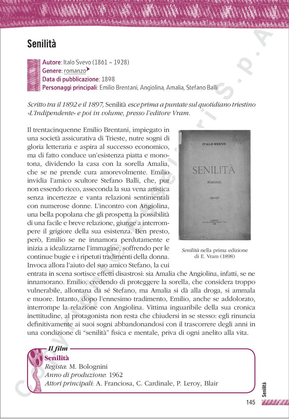 Il trentacinquenne Emilio Brentani, impiegato in una società assicurativa di Trieste, nutre sogni di gloria letteraria e aspira al successo economico, ma di fatto conduce un esistenza piatta e