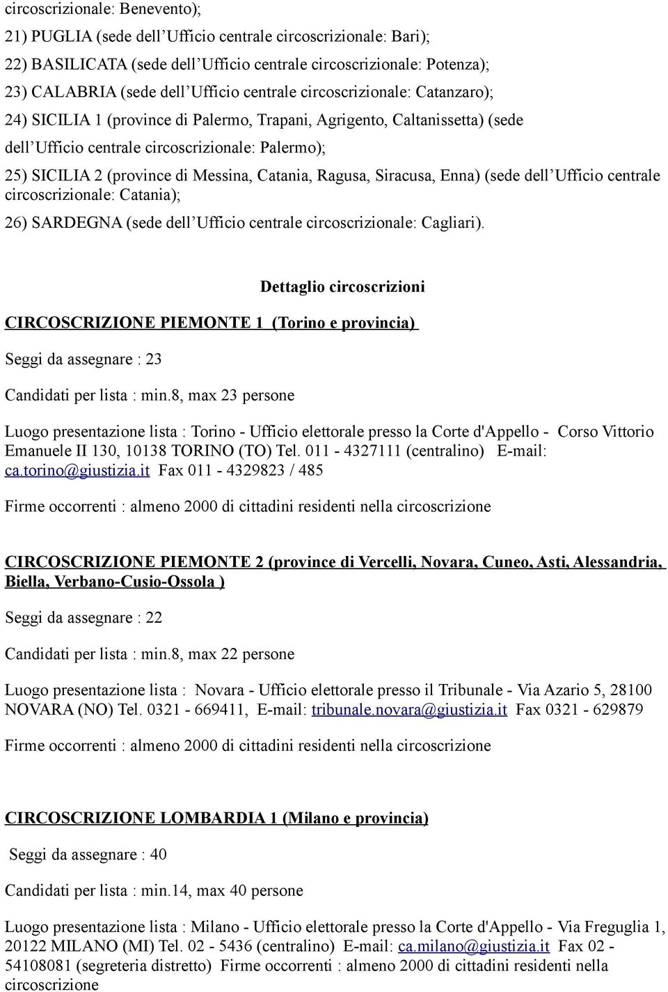 Messina, Catania, Ragusa, Siracusa, Enna) (sede dell Ufficio centrale circoscrizionale: Catania); 26) SARDEGNA (sede dell Ufficio centrale circoscrizionale: Cagliari).