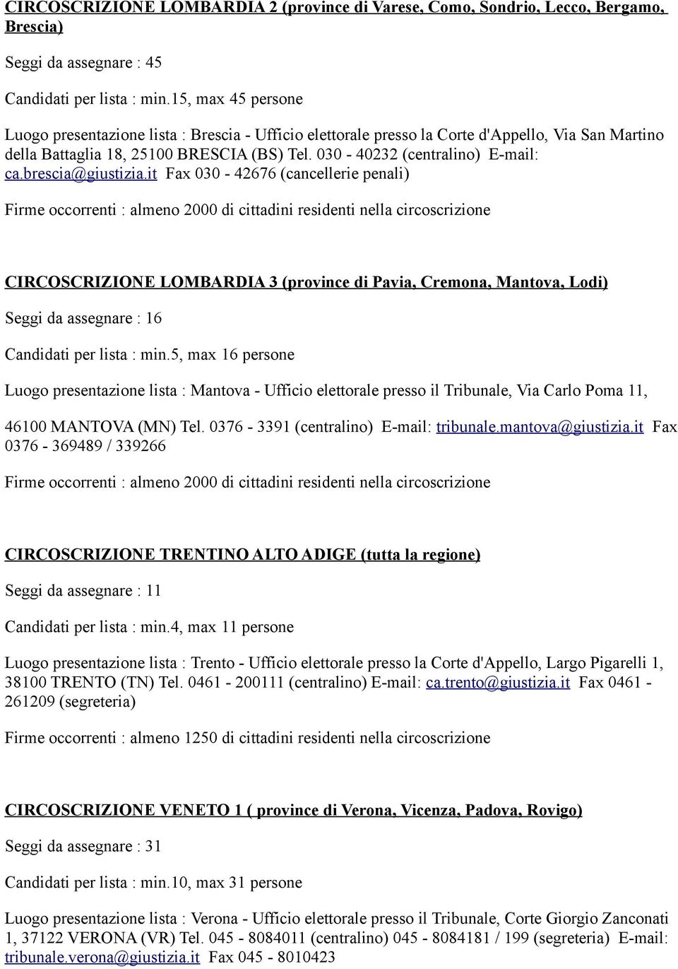 brescia@giustizia.it Fax 030-42676 (cancellerie penali) CIRCOSCRIZIONE LOMBARDIA 3 (province di Pavia, Cremona, Mantova, Lodi) Seggi da assegnare : 16 Candidati per lista : min.