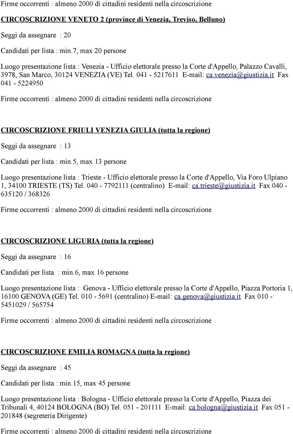 venezia@giustizia.it Fax 041-5224950 CIRCOSCRIZIONE FRIULI VENEZIA GIULIA (tutta la regione) Seggi da assegnare : 13 Candidati per lista : min.