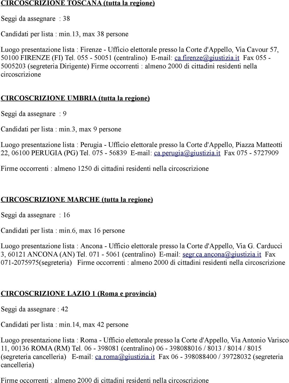 it Fax 055-5005203 (segreteria Dirigente) Firme occorrenti : almeno 2000 di cittadini residenti nella circoscrizione CIRCOSCRIZIONE UMBRIA (tutta la regione) Seggi da assegnare : 9 Candidati per