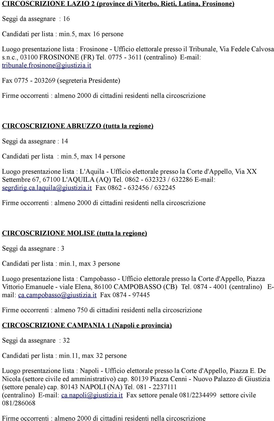 frosinone@giustizia.it Fax 0775-203269 (segreteria Presidente) CIRCOSCRIZIONE ABRUZZO (tutta la regione) Seggi da assegnare : 14 Candidati per lista : min.