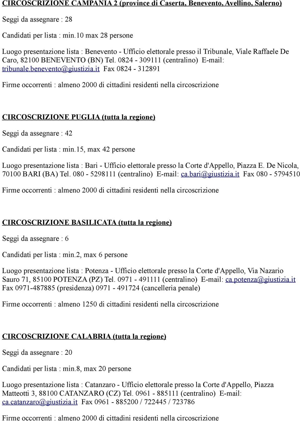 benevento@giustizia.it Fax 0824-312891 CIRCOSCRIZIONE PUGLIA (tutta la regione) Seggi da assegnare : 42 Candidati per lista : min.