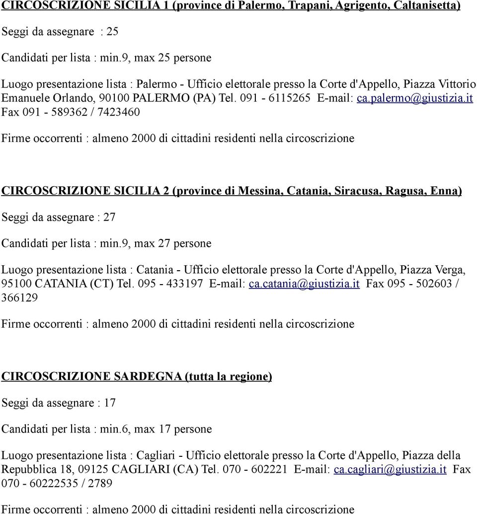 palermo@giustizia.it Fax 091-589362 / 7423460 CIRCOSCRIZIONE SICILIA 2 (province di Messina, Catania, Siracusa, Ragusa, Enna) Seggi da assegnare : 27 Candidati per lista : min.