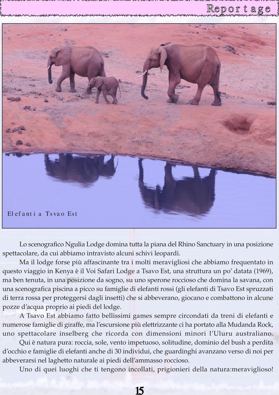 una posizione da sogno, su uno sperone roccioso che domina la savana, con una scenografica piscina a picco su famiglie di elefanti rossi (gli elefanti di Tsavo Est spruzzati di terra rossa per