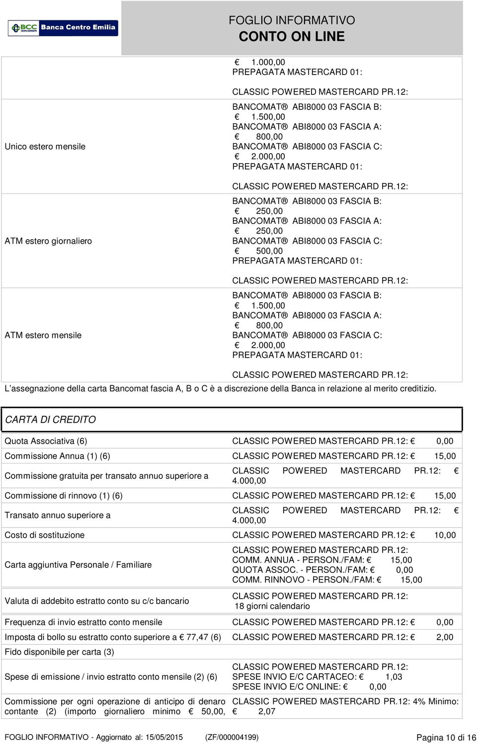 CARTA DI CREDITO Quota Associativa (6) 0,00 Commissione Annua (1) (6) 15,00 Commissione gratuita per transato annuo superiore a 4.