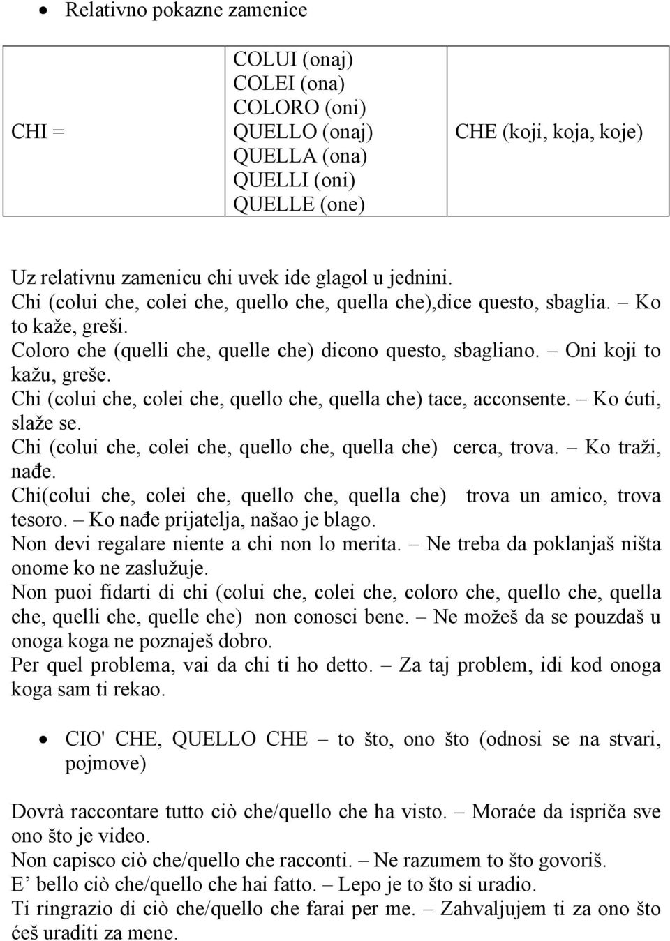 Chi (colui che, colei che, quello che, quella che) tace, acconsente. Ko ćuti, slaže se. Chi (colui che, colei che, quello che, quella che) cerca, trova. Ko traži, nađe.