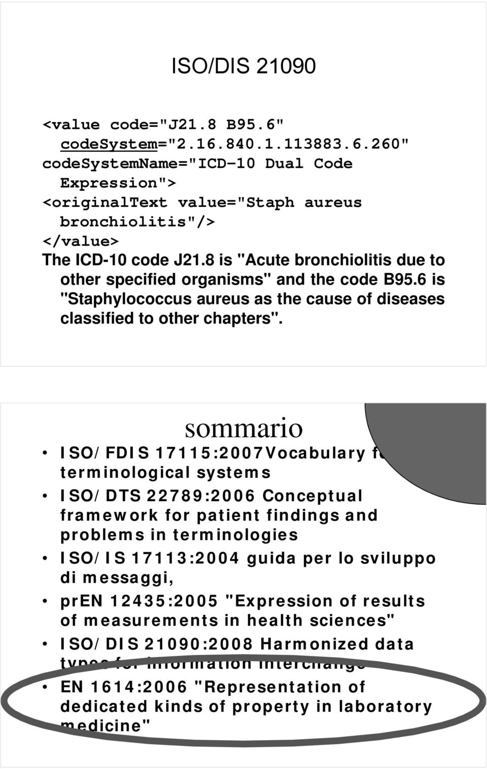 sommario ISO/FDIS 17115:2007Vocabulary for terminological systems ISO/DTS 22789:2006 Conceptual framework for patient findings and problems in terminologies ISO/IS 17113:2004 guida per lo sviluppo di