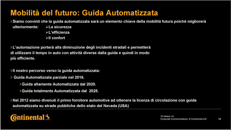 Il nostro percorso verso la guida automatizzata: Guida Automatizzata parziale nel 2016. Guida altamente Automatizzata dal 2020. Guida totalmente Automatizzata dal 2025.