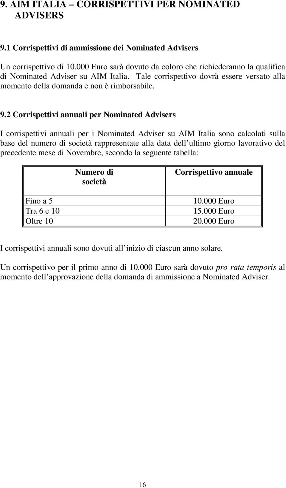 2 Corrispettivi annuali per Nominated Advisers I corrispettivi annuali per i Nominated Adviser su AIM Italia sono calcolati sulla base del numero di società rappresentate alla data dell ultimo giorno