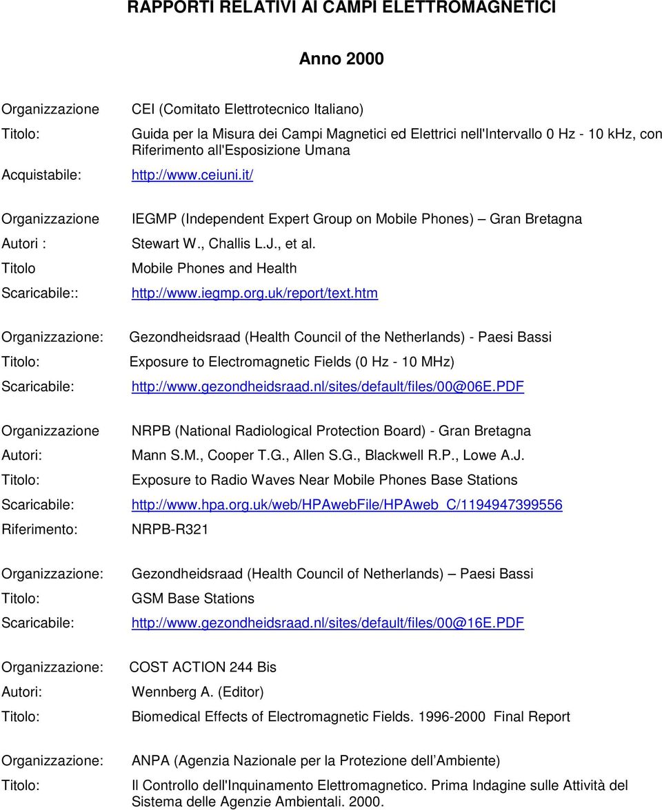 Mobile Phones and Health http://www.iegmp.org.uk/report/text.htm Gezondheidsraad (Health Council of the Netherlands) - Paesi Bassi Exposure to Electromagnetic Fields (0 Hz - 10 MHz) http://www.