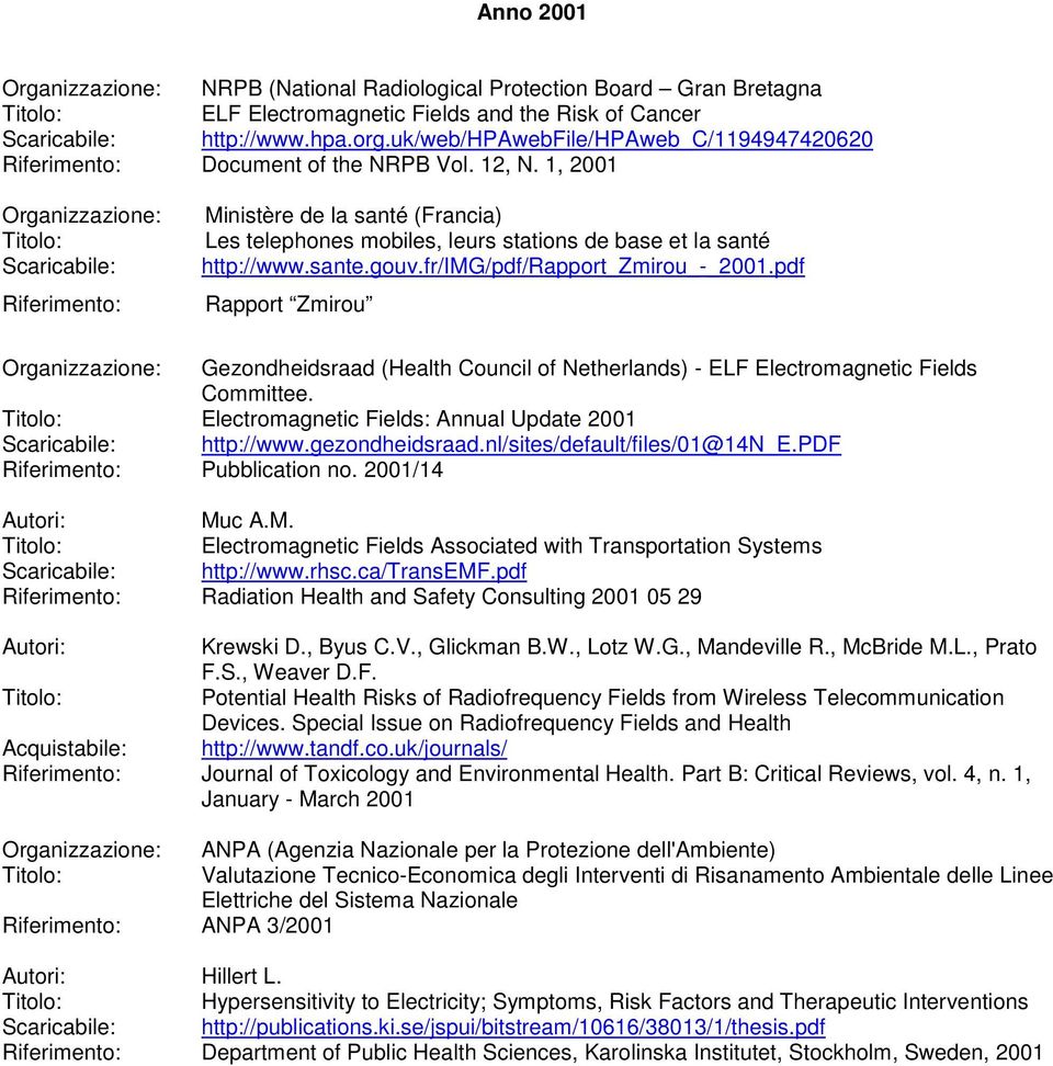 1, 2001 Riferimento: Ministère de la santé (Francia) Les telephones mobiles, leurs stations de base et la santé http://www.sante.gouv.fr/img/pdf/rapport_zmirou_-_2001.