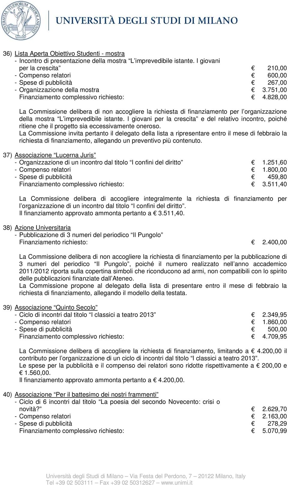 828,00 La Commissione delibera di non accogliere la richiesta di finanziamento per l organizzazione della mostra L imprevedibile istante.