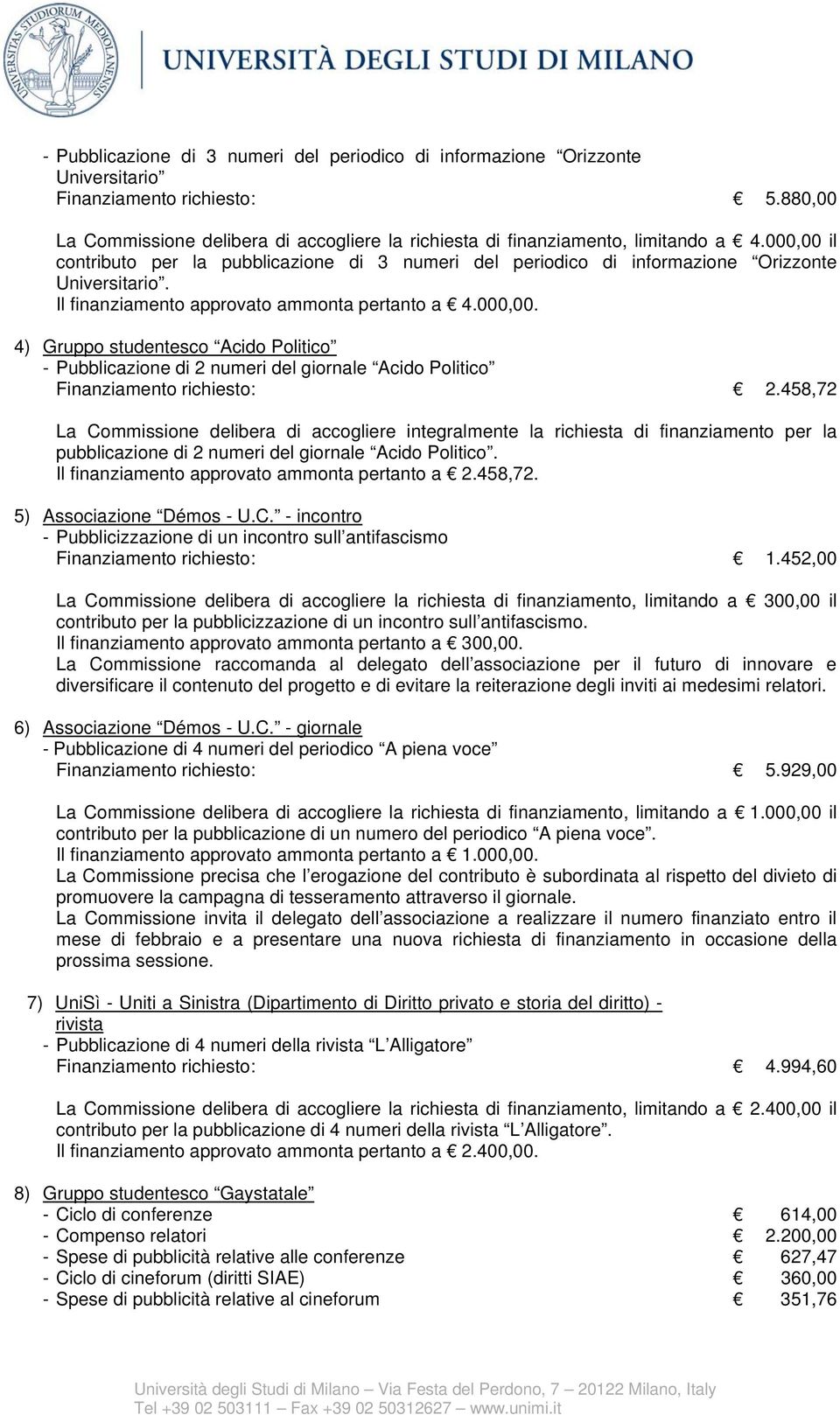 458,72 pubblicazione di 2 numeri del giornale Acido Politico. Il finanziamento approvato ammonta pertanto a 2.458,72. 5) Associazione Démos - U.C.