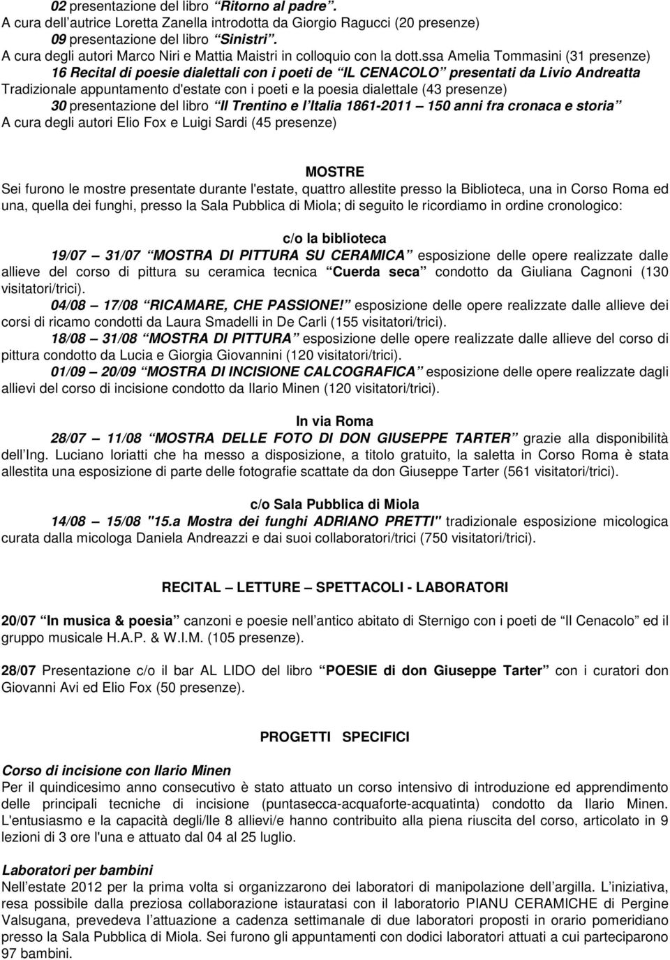 ssa Amelia Tommasini (31 presenze) 16 Recital di poesie dialettali con i poeti de IL CENACOLO presentati da Livio Andreatta Tradizionale appuntamento d'estate con i poeti e la poesia dialettale (43