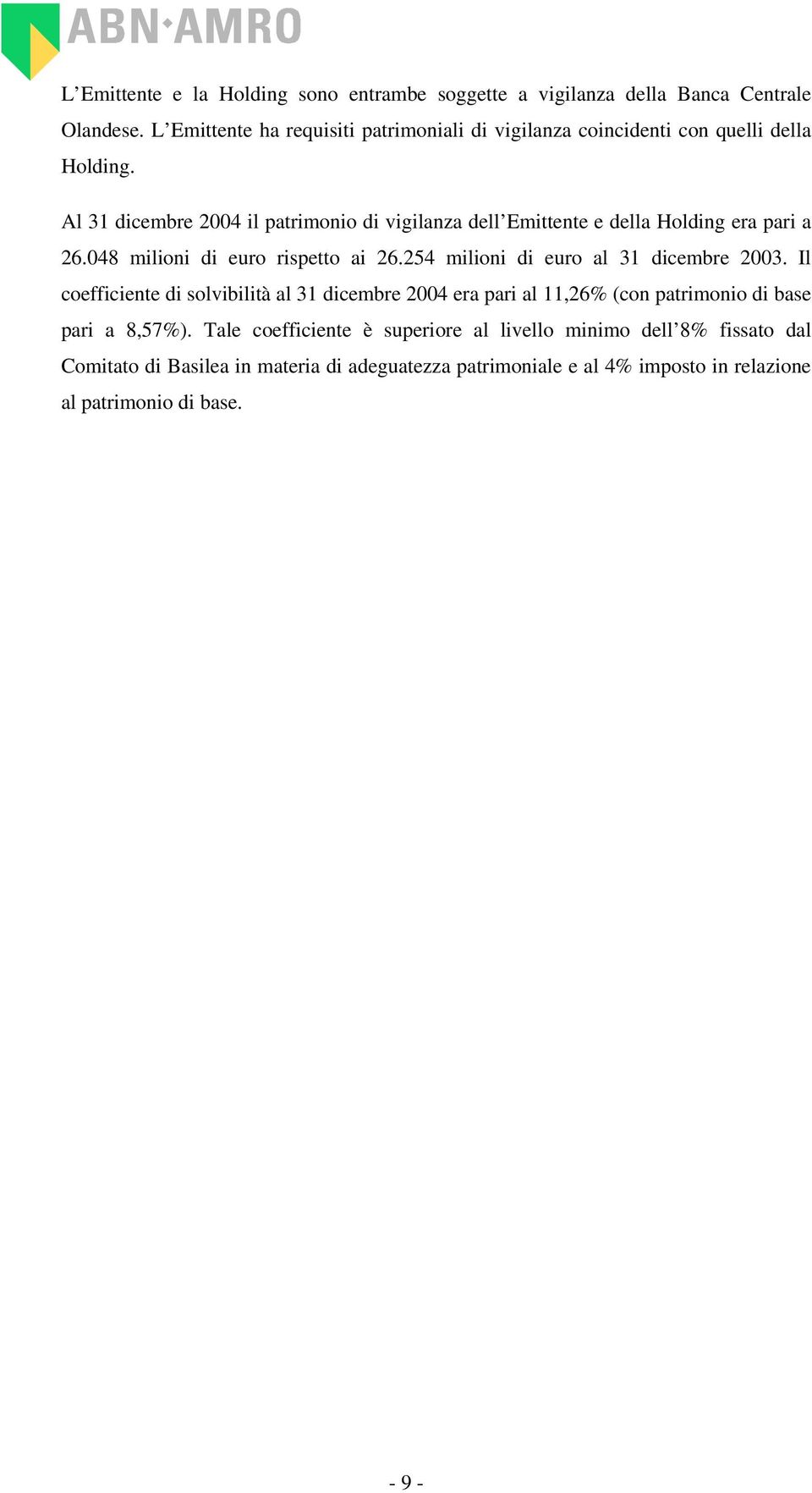 Al 31 dicembre 2004 il patrimonio di vigilanza dell Emittente e della Holding era pari a 26.048 milioni di euro rispetto ai 26.