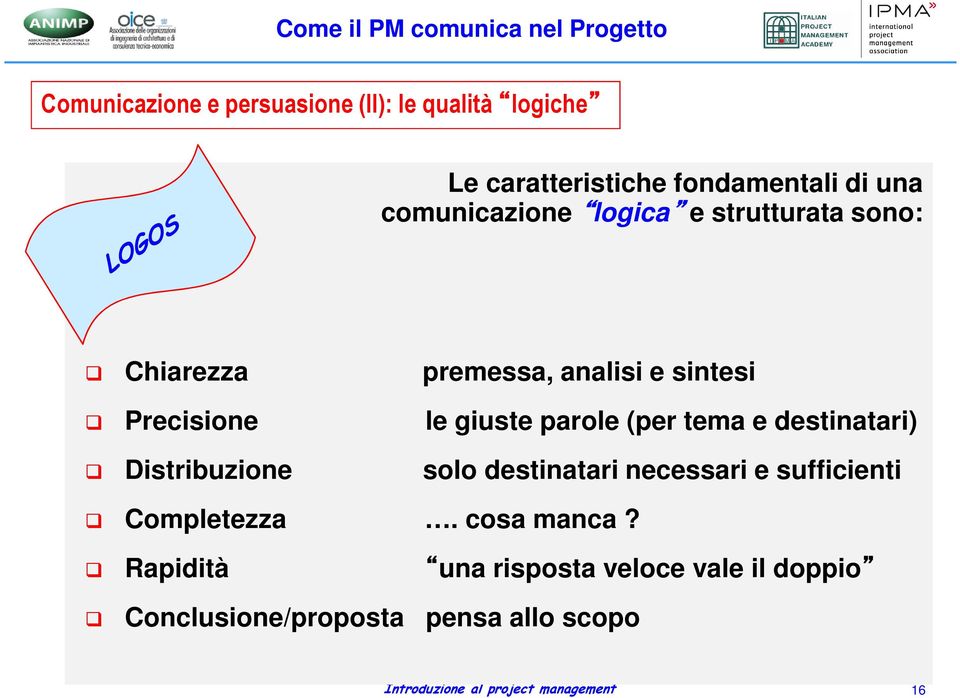 giuste parole (per tema e destinatari) Distribuzione solo destinatari necessari e sufficienti Completezza.