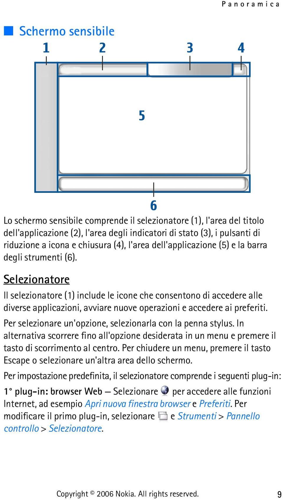 Selezionatore Il selezionatore (1) include le icone che consentono di accedere alle diverse applicazioni, avviare nuove operazioni e accedere ai preferiti.